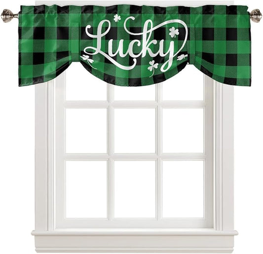 St. Patrick's Day Buffalo Plaid Blackout Tie Up Valance Curtains for Kitchen Windows Lucky Shamrocks Clover Window Toppers Balloon Shades for Living Room/Bathroom/Bedroom,1 Panel, 54" X 18",Green