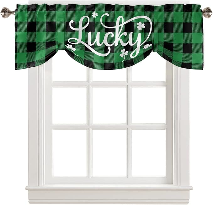St. Patrick's Day Buffalo Plaid Blackout Tie Up Valance Curtains for Kitchen Windows Lucky Shamrocks Clover Window Toppers Balloon Shades for Living Room/Bathroom/Bedroom,1 Panel, 42" X 18",Green