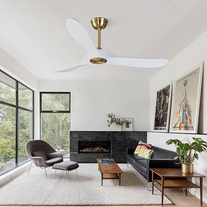 Bigzone 52" Outdoor/Indoor Ceiling Fan With Remote Control, DC Motor Quiet Energy Saving,3 White Balsa Wood Blades,Wooden Ceiling Fan no light With Reversible Blades