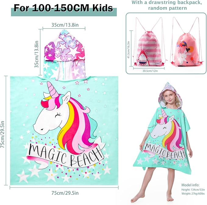 MOKANI Kids Hooded Poncho Towels, Soft & Absorbent Microfiber Beach Towel, Swimming Pool Changing Robe Bathrobe Bath Towel