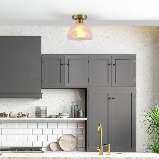 Globe Electric 1-Light Semi-Flush Mount Ceiling Light, Matte Brass, Frosted Ribbed Glass Shade, Home Improvement, Dining Room, Kitchen