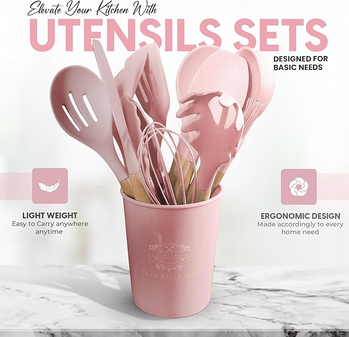 Silicone Utensil Set, 12 PCS Wooden Handle Nontoxic BPA Free 100% Food Grade Silicone Spoon Spatula Ladle Turner Tongs Kitchen Gadgets Utensil Set for Nonstick Cookware (Pink)