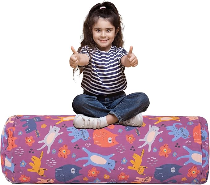Stuffed Animal Bean Bag Storage Chair for Kids Cover Only (No Filler), Organize, Sit, Play & Boxing, 100% Cotton Canvas Washable, Ultra Soft Cylinder Long Vertical Zipper Best Gift for Child