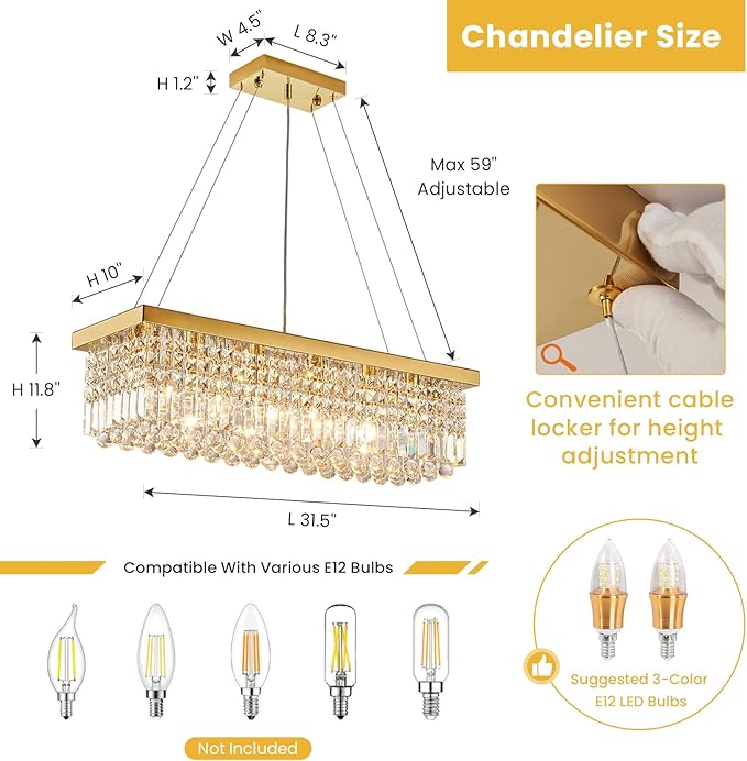 Siljoy 6-Light Modern Crystal Chandelier Rectangular Gold K9 Crystal Raindrop Chandelier for Dining Room, Luxury Adjustable Ceiling Pendant Light for Living Room Kitchen Island L31.5'' x W10'' x H10''