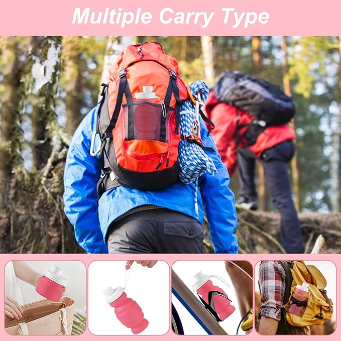 THAIOXYH® Collapsible Water Bottles 11 oz(320ml) Reuseable Foldable Portable BPA Free Silicone Collapsible Water Bottles for Traveling Hiking Camping Sports (pink)…