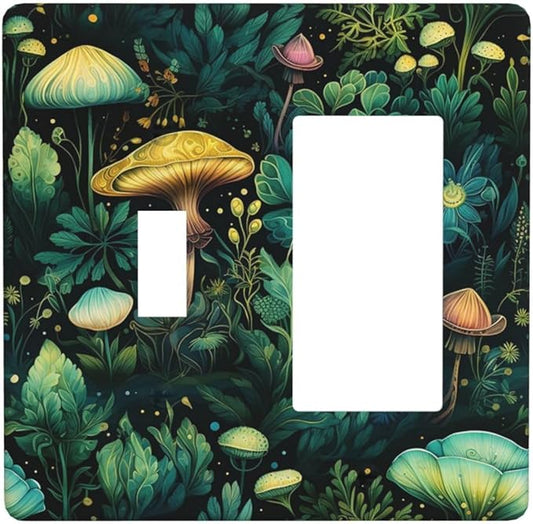 Green Dark Forest Mystical Mushroom 2 Gang Single Toggle Rocker Combination Light Switch Covers Wall Plate Cover Electrical Faceplate Decorative Switchplate for Country Bathroom Bedroom Decor