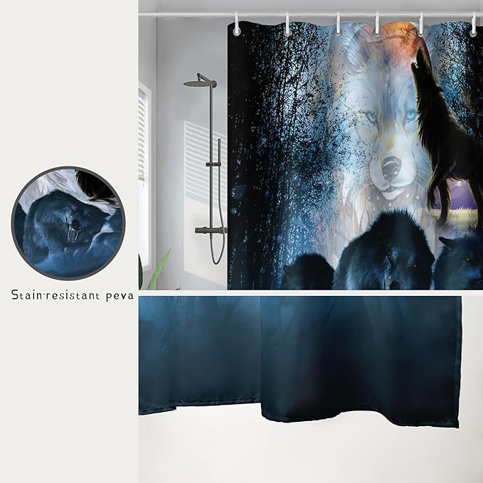 AILONEN Boys Wolf Shower Curtain for Bathroom Decor,3D Howling Wolf Ferocious Wolf Wildlife Decor Bath Curtain 48" W*72" H Polyester Fabric Waterproof Bathroom Curtain with 12 Hooks