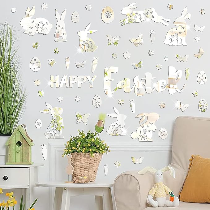 Easter Wall Decor Happy Easter Eggs Bunny Flower Wall Decals 3D Acrylic Mirror Wall Stickers Peel and Stick Easter Floral Butterfly Wall Art Mural for Spring Kids Bedroom Party Supplies Decoration