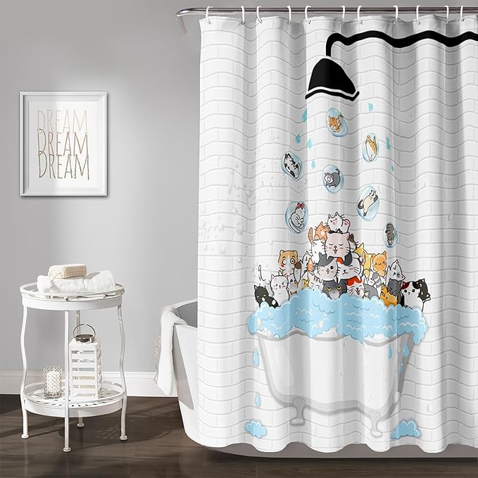 AILONEN Cute Cats Shower Curtain Raining for Kids 36" W*72" H Inch,Kawaii Hilarious Pet Playing Water Shower Curtain,12 Pack Hooks Polyester Waterproof Fabric Decor for Bathroom Bathtub Panels