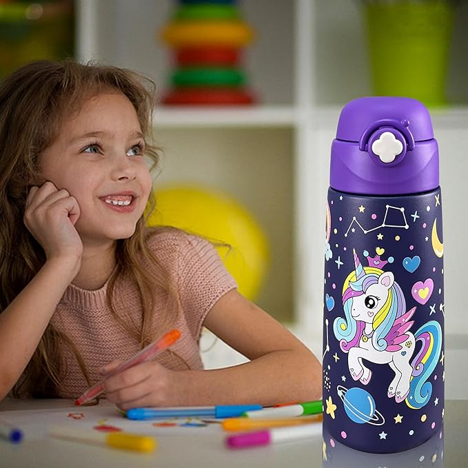 Kids Insulated Water Bottle with Covered Pop-Up Straw,16oz Kids Cups with Stainless Steel Leak Proof for School Boys Girls(Purple Unicorn)