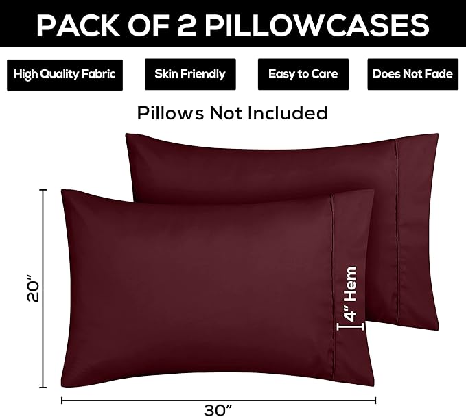 Utopia Bedding Queen Pillow Cases - 2 Pack - Envelope Closure - Soft Brushed Microfiber Fabric - Shrinkage and Fade Resistant Pillow Covers 20 X 30 Inches (Queen, Burgundy)