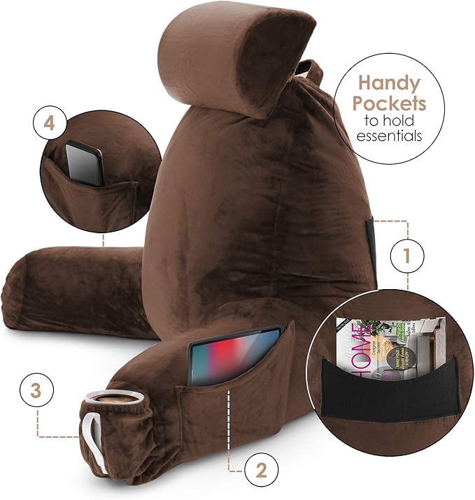 Nestl Reading Pillow Large Bed Pillow, Back Pillow for Sitting in Bed Memory Foam Chair Pillow, Reading & Bed Rest Pillows Chocolate Brown Back Pillow for Bed, Bed Chair Arm Pillow with Pockets