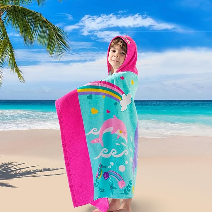 VOOVA & MOVAS Kids Hooded Beach Towels (3-10Years) | 100% Cotton | Large Soft Thick Absorbent Wrap Blanket | Ideal for Beach, Pool, Bath | Pink Whale