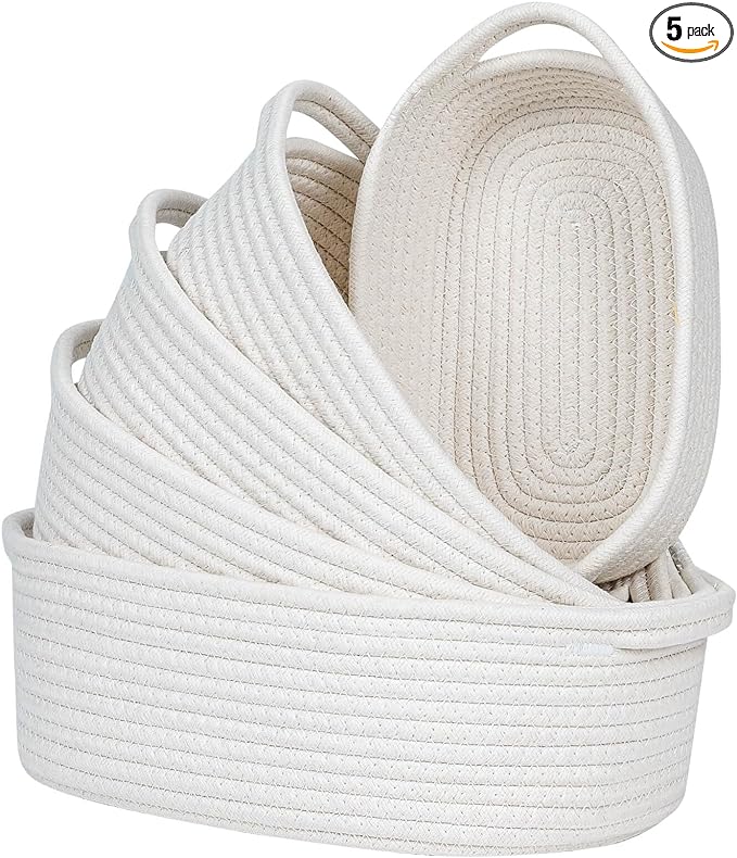 CubesLand Small Shelf Shelves Closet Basket,Back Shool Supplies,Woven Toy Basket Bin for Organizing,Storage Cube Organizer Basket Bin,Dog Cat Toy Basket Box,Over Toilet Storage Basket,White 5-Piece