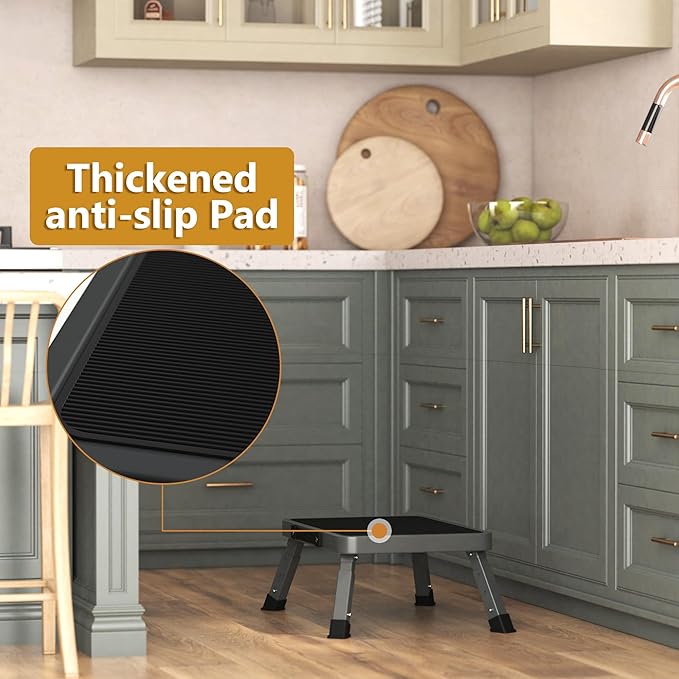 Folding Step Stool for Adults Kids with Non-Slip Platform, Height-Adjustable Sturdy Metal Stepping Stool, Bed Steps for High Beds,Collapsible Foot Step Stool for Bathroom Bedroom Kitchen RVs,Dark Gray