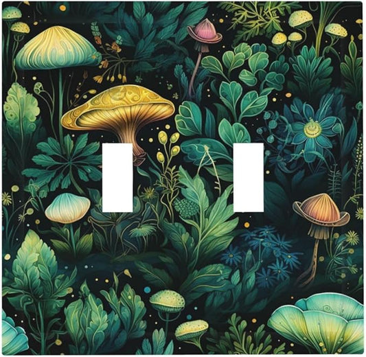 Green Dark Forest Mystical Mushroom Double Toggle Light Switch Covers 2 Gang Wall Plate Dual Decorative Switchplate Electrical Faceplate for Country Bathroom Bedroom Kitchen Decor