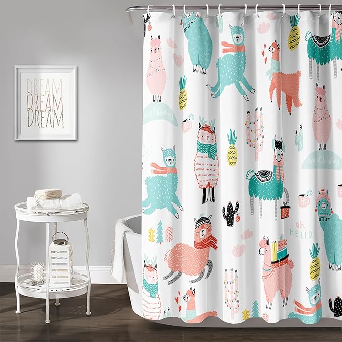 AILONEN Cute Llama Alpaca Shower Curtain 72" W*72" H Bathroom Curtains for Kids,Cartoon Animals Colorful Girls Cactus Bath Decor Fabric Polyester Waterproof Shower Curtain with 12 Pack Plastic Hooks