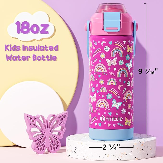 Kids Insulated Water Bottle with Pop-Open Straw & Spout 2-in-1 Lid, 18oz Leak Proof 18/8 Stainless Steel Vacuum Tumbler, BPA-Free Kids Cup For Travel School Boys Girls