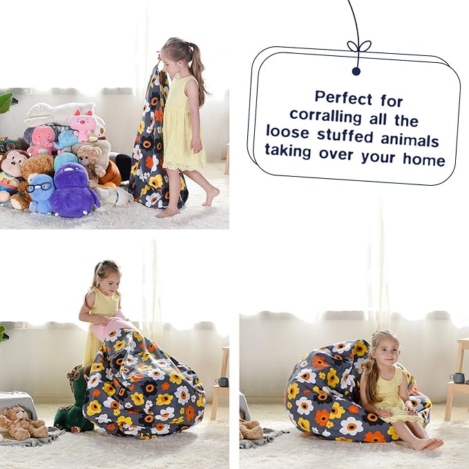 YuppieLife Kids Storage Bean Bag Cover(No Filling)Toy Organizer|Carrying Handle Sofa|Available for Kids and Teenager|Cuddle Chair|Machine Washable and Durable(38“,Grey Flora)