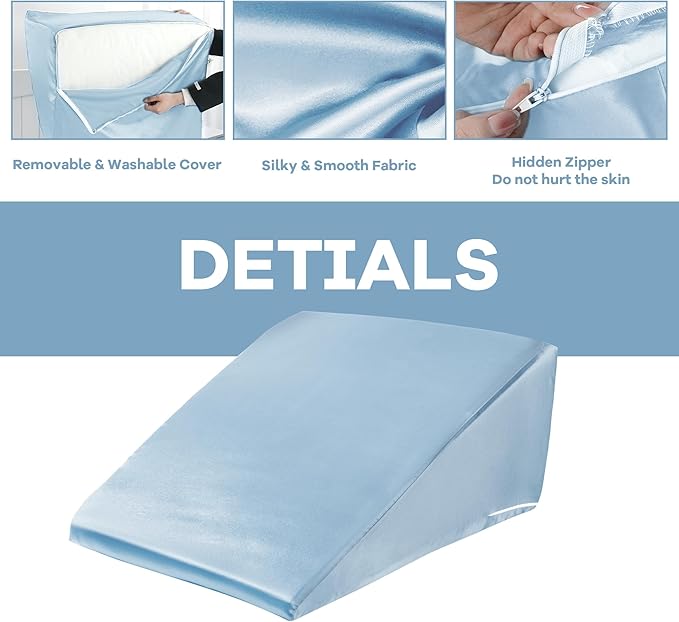 HOMBYS Satin Bed Wedge Pillow Cover Silky & Smooth Wedge Pillowcase 1 Pack 24x24x12, Soft & Breathable, Removable & Machine Washable-Zipper Design (Pillow Not Include),Light Blue