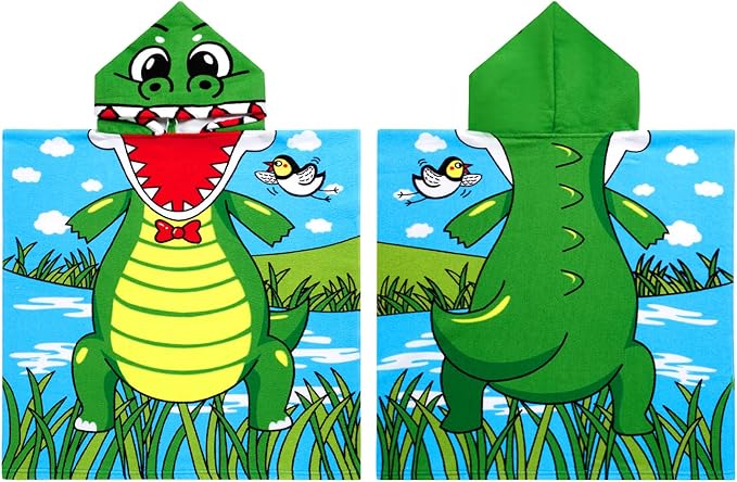 Kids Crocodile Hooded Beach Towel Boys Cute Ship Poncho Pool Towels with Hood 24*47" Soft Microfiber Swim Cover-ups Kids Ages 3-10 Thick Absorbent Cotton Hooded Bath Towels Wrap Bathrobe