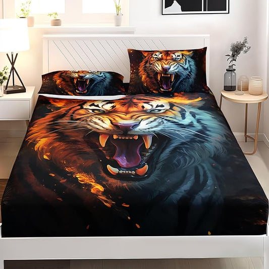 AILONEN Tiger Fitted Sheet Set Full Size for Boys, Safari Tiger Bed Sheet Set for Kids Teen,3 Pieces Wildlife Bedding Flame Animal Tiger Print Fitted Sheet with 2 Pillowcases