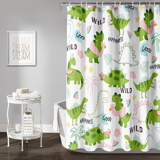 AILONEN Dinosaur Shower Curtain for Boys, Cute Green Kids Bath Curtain 48" W*72" H,Tropical Leaves Funny Dinosaur Curtain with 12 Plastic Hooks