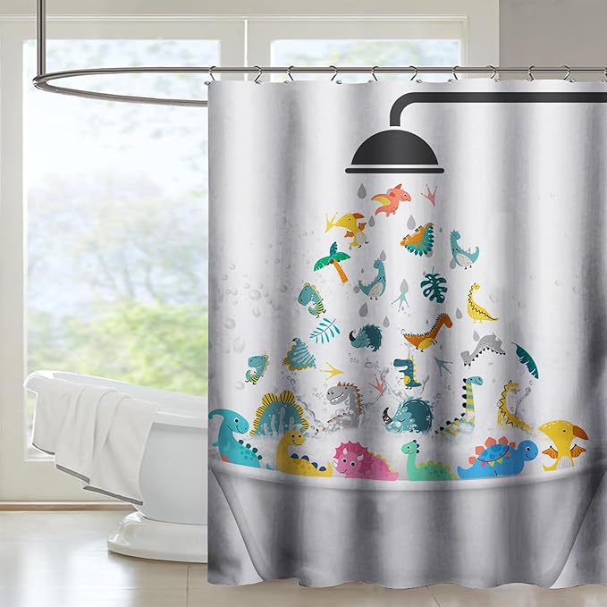AILONEN Cute Dinosaur Shower Curtain for Kids 72" W*72" H Inch,Funny Dinosaur Animals Playing Water Shower Curtains,12 Pack Hooks Polyester Waterproof Fabric Decor for Bathroom Bathtub Panels