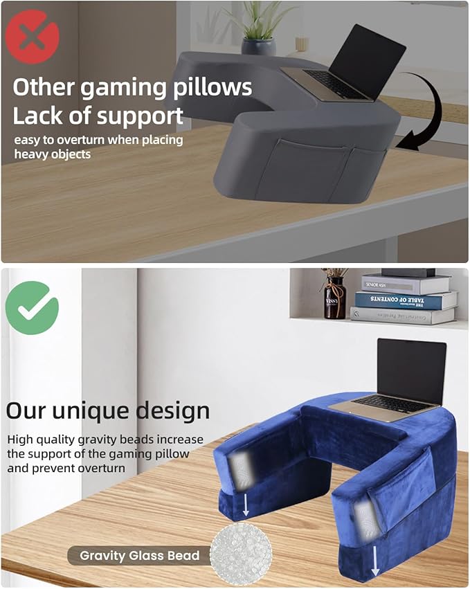 Weighted Idea Reading Pillow for Gaming, Extra Large Arm Rest Pillow for Adult,Lap Desk Pillow Gaming Pillow with 2 Side Pockets for Gaming, Reading, Working Sitting in Bed Floor Sofa (Blue)