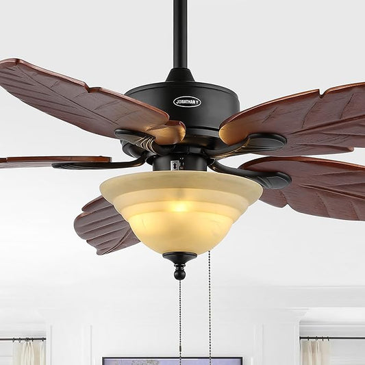 JONATHAN Y JYL9720B Poinciana 52" 3-Light Coastal Bohemian Iron/Wood Palm Leaf LED Ceiling Fan with Pull Chain Rustic, Eclectic, Transitional, Office, Living Room, Dining Room, Bedroom, Dark Brown