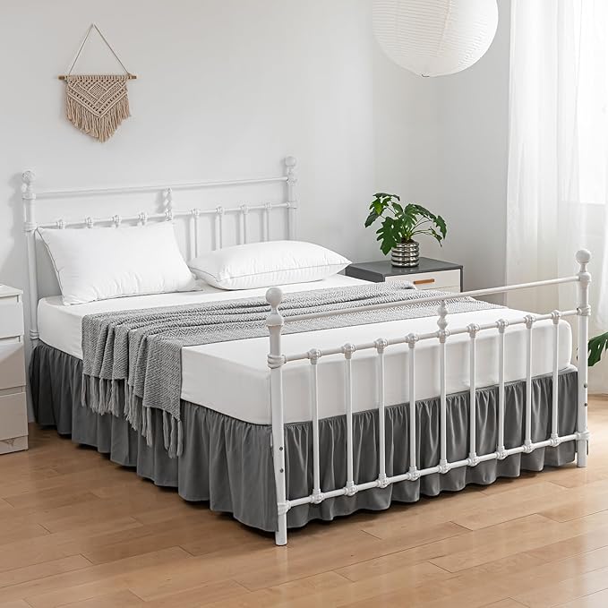 Bed Skirt King Size Ruffled Bed Skirts with Split Corners, 14 Inch Drop Dust Ruffle Bed Skirt with Platform, Gray