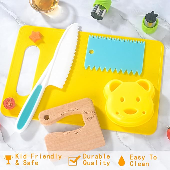 Real Cooking Set for Kids,13/17 Piece Kids Baking knife Set Kitchen Tools Include Wood Kids Safe Knife, Peeler, Cutting Board Potato Slicers for Boys, Kid, Toddler, Gift