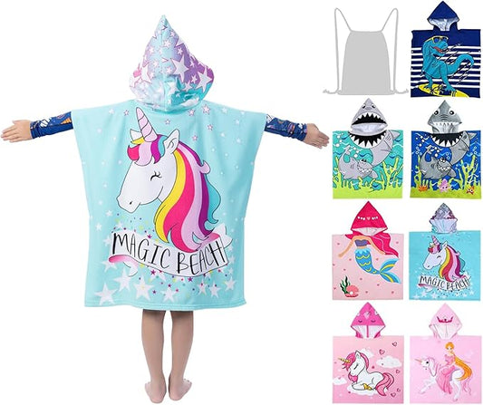 Hooded Kids Beach Towels - Toddler Bath Towel Girls Boys Swim Cover-ups for Ages 4 to 10 Kids Pool Towels Quick Dry Lightweight Soft Microfiber Poncho 30x30 with Bag (Aqua Unicorn)