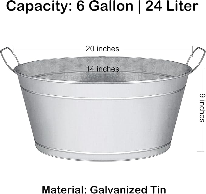 Large 6-Gallon Galvanized Tin Beverage Tub, 20x14x10 inches (Pack of 6)
