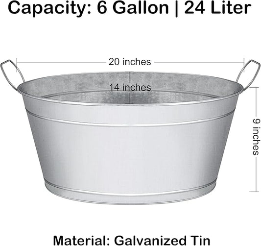 Large 6-Gallon Galvanized Tin Beverage Tub with Handle, Rust-Resistant Metal Beer Bucket for Ice, Drinks and Beer Bottles, Lightweight and Durable, 20x14x10 inches (Pack of 2)