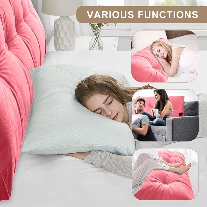 Large Triangular Headboard Pillows Long Backrest Positioning Support Bolster Cushion for Daybed Fluffy Quality Plush Body Wedge Pillow with Removable Cover(Pink -24x8x20in)