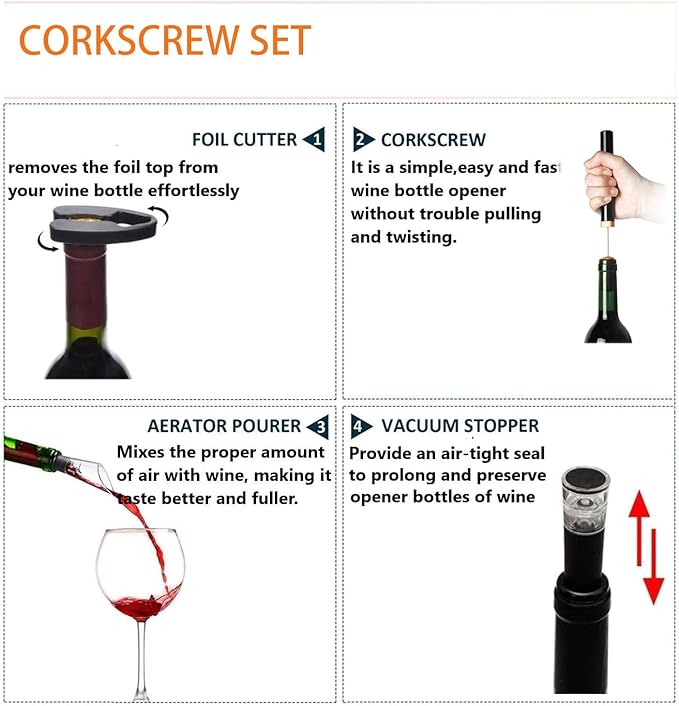 Wine Opener Air Pressure Pump Opener Set,Include Air Pressure Pump Bottle Opener With Foil Cutter,Aerator Pourer,Vacuum Stopper Efficient Corkscrew Bottle Opener,Great For Wine Lovers