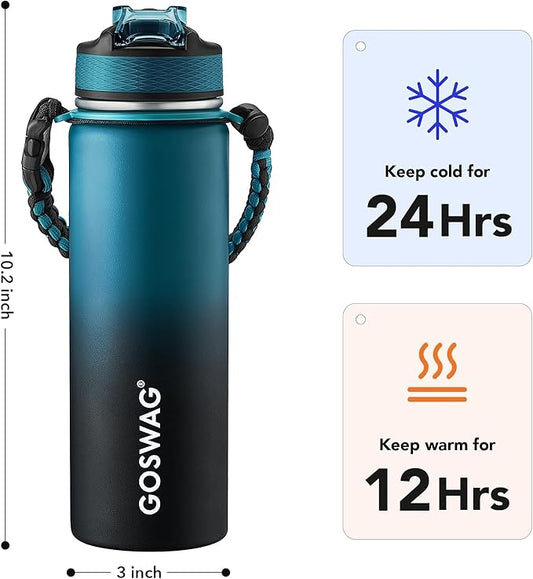 GOSWAG Insulated Sports Water Bottle, 24oz 2 Lids(with Straw/No Straw), Stainless Steel Water Bottles with Paracord Handle, Insulated Thermos with Double-Wall Vacuum Insulation