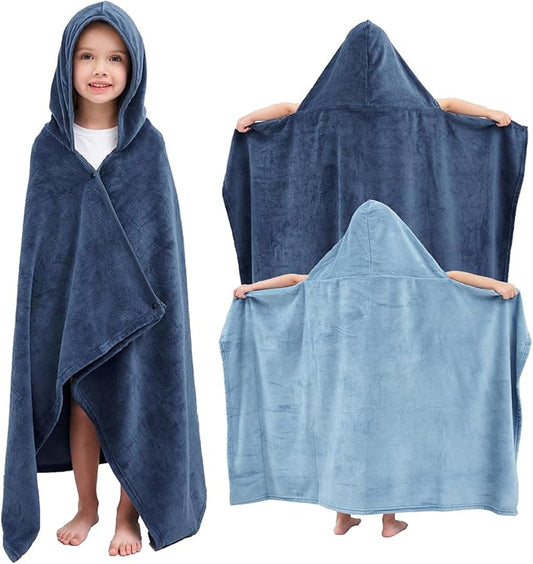 Hiturbo 2Pcs Kids Fleece Hooded Towel: Soft Plush Warm Blanket - 50"x30" Pool Beach Bath Swim Towel Wrap for 3-12 Yrs (Navy+Blue)