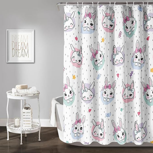 AILONEN Cute Rabbit Shower Curtain, Cartoon Kawaii Bunny Shower Curtain for Bathroom,Modern Minimalist White Waterproof Fabric Shower Curtain Set with Hooks 72" W*72" H