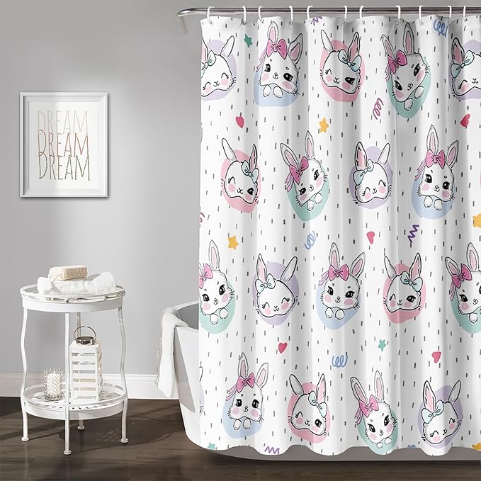 AILONEN Cute Rabbit Shower Curtain, Cartoon Kawaii Bunny Shower Curtain for Bathroom,Modern Minimalist White Waterproof Fabric Shower Curtain Set with Hooks 72" W*84" H