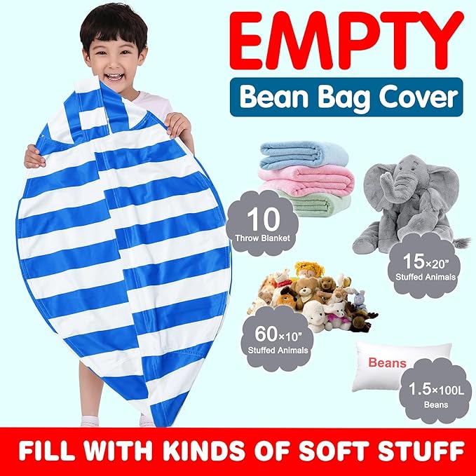 Lukeight Stuffed Animal Storage Bean Bag Chair Cover for Kids, Zipper Beanbag Chair Cover for Organizing Toddler and Kids' Rooms Plush Toys (Blue+White Velvet, Large)