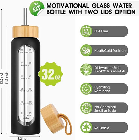 32 oz Glass Water Bottles with Straw - Motivational Glass Water Bottle with Time Marker & Silicone Sleeve - Reusable Glass Tumbler Includes 2 Bamboo Lids & Fruit Infuser - 1 Pack