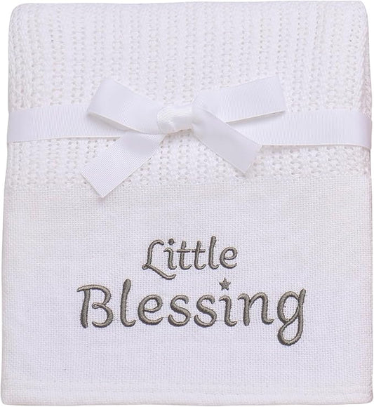 Cotton Knit Baby Blanket with Embroidery, Little Blessings, 30 in. x 40 in., White, Unisex