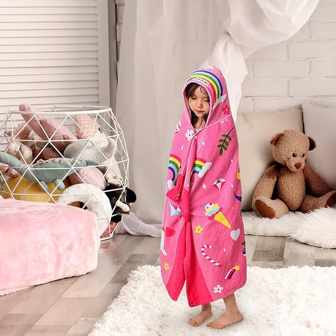 VOOVA & MOVAS Hooded Towels for Kids 3-10 Years, Soft Thick Cotton | Absorbent Beach, Bath, Pool Swim Towels | Cover up for Girls | Pink Floral Unicorn