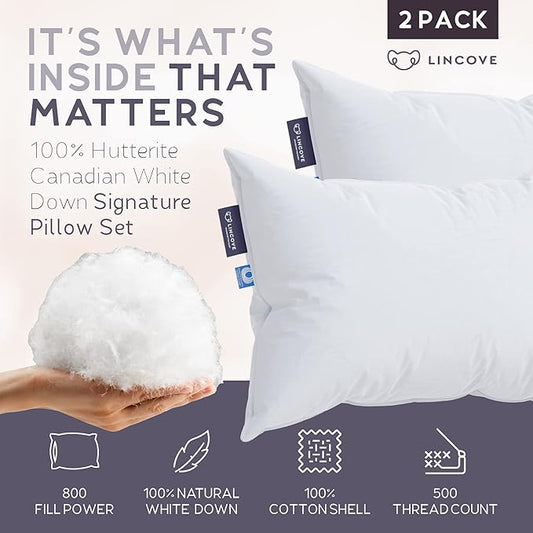 Lincove Signature 100% Canadian White Down Pillow - Luxury Sleeping Pillow for Back, Stomach & Side Sleepers - 800 Fill Power Bed Pillow, 500 Thread Count, Made in Canada, Standard - Firm, 2 Pack