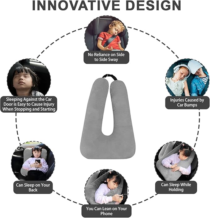 Travel Pillow, Travel Pillow for Kids, Sleeper Hold Pillow Travel, Removable U-Shaped Pillow for Adults and Children to Support Head and Body in The Back Seat of Long Car Trips (Gray)