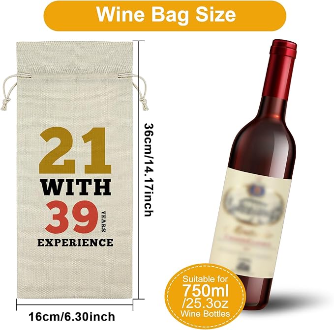 Sazuwu Funny 60th Birthday Gifts Wine Bag 60 Year Old Birthday Gifts for Friend 1964 Birthday Gifts Wine Bottle Decoration Bag 21 with 39 Years Experience Wine Accessories Gifts for Wine Lovers