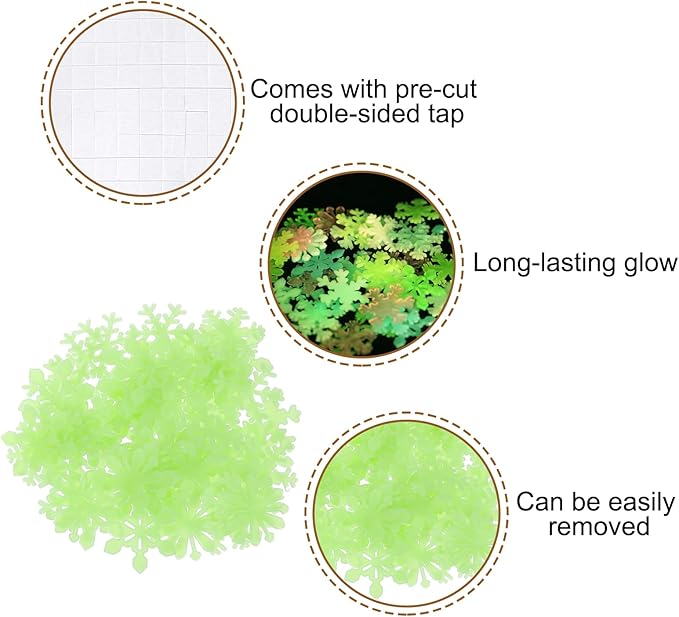 uxcell 100pcs Glow in The Dark Snowflake Fluorescent Plastic Wall Stickers Adhesive Murals Decals for Home Art Ceiling Bedroom Wall Decorations, Green