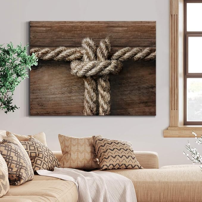 Renditions Gallery Canvas Nautical Wall Art Modern Decorations Paintings Rope Closeup Knot Abstract Vibrant Wooden Maritime Sailor Artwork Prints for Bedroom Office Kitchen - 24"x36" LT33